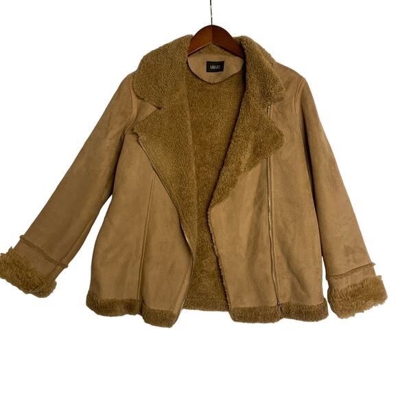 Liu Jo Coat Jacket Faux Suede Shearling Sherpa Penny Lane Moto Lined Tan - Picture 1 of 10